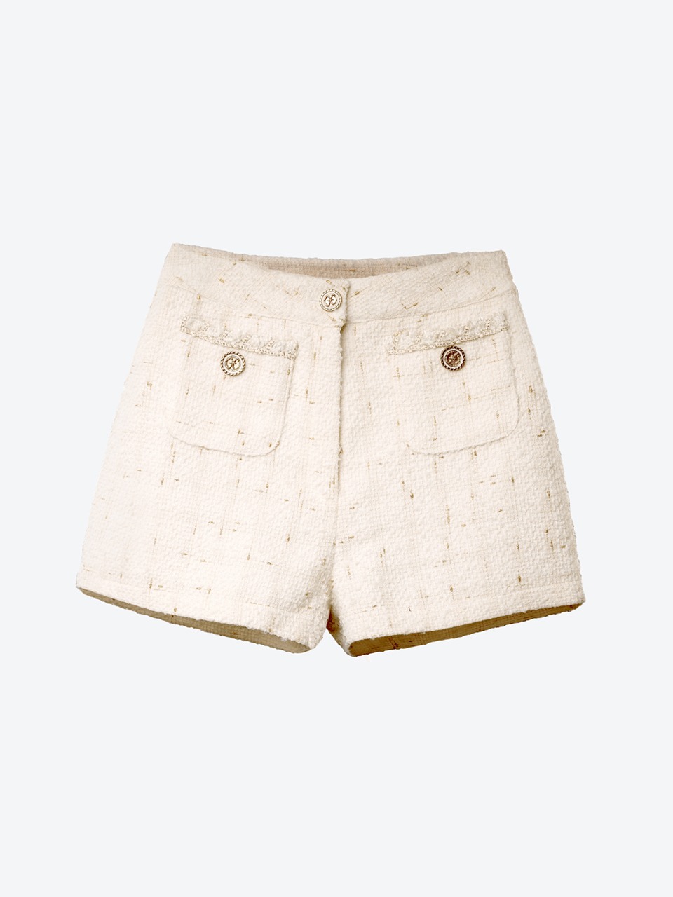 Metallic-Button Bouclé Tweed Shorts (white)